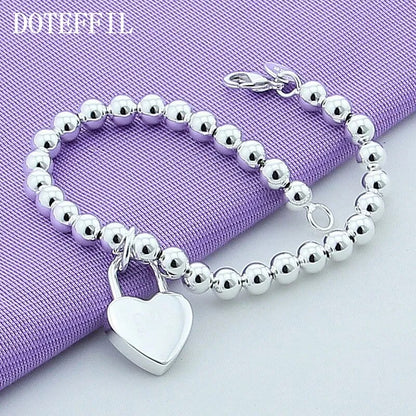 DOTEFFIL 925 Sterling Silver Heart Lock 6mm Beads Chain Bracelets