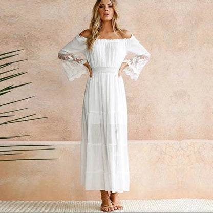 lång boho klänning vit sexig off the shoulder strand solklänning Flare långärmad skarv spets kvinnor klänningar sommar vestidos