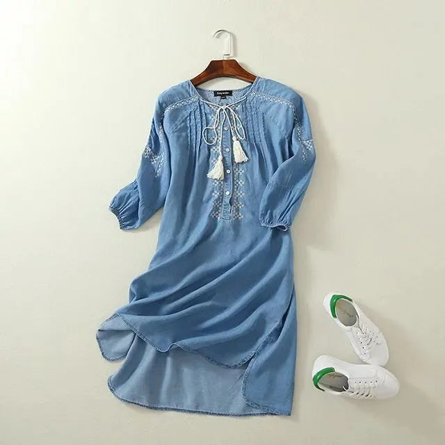 Ethnic Embroidery Denim Dresses Women Wrist Sleeve O-Neck Casual Shirt Dress Spring  Vestido Jeans Feminino