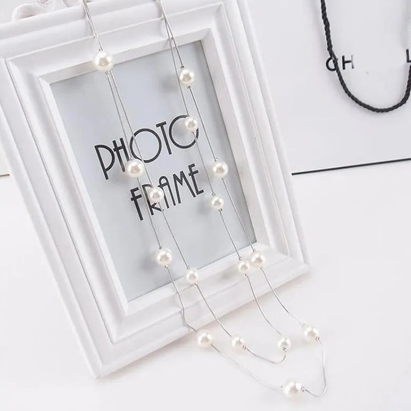 New Long Double Layer Simulated Pearl Necklace Women Sweater Chain Necklace Female Collares Statement Jewlery