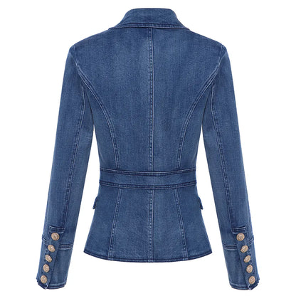 HIGH QUALITY  Designer Blazer Women's Metal Lion Buttons Double Breasted Denim Blazer Jacket Outer Coat