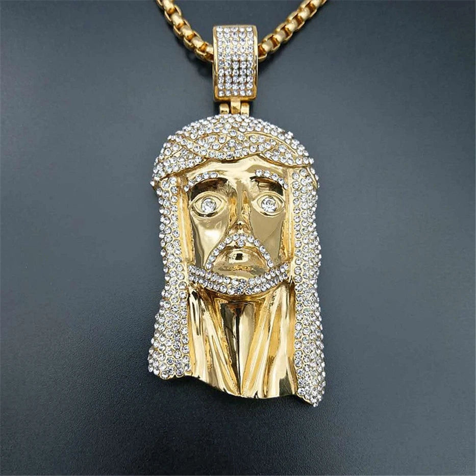 Men's Necklace Jesus Christ Head Pendant With Stainless Steel Chain and Iced Out Bling Rhinestone Necklace Hiphop Golden Jewelry