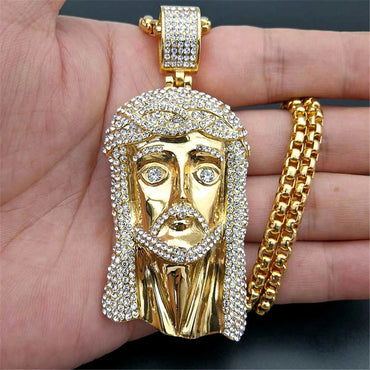 Men's Necklace Jesus Christ Head Pendant With Stainless Steel Chain and Iced Out Bling Rhinestone Necklace Hiphop Golden Jewelry