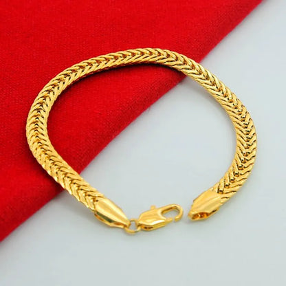 Pure Gold Color 6.5MM Width Bracelet For Men 20CM.Fashion Original 24k GP Women men's Jewelry Gift