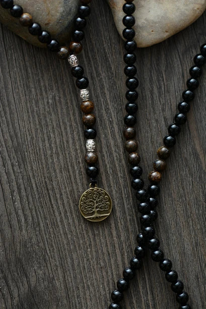 Men's Necklace Steampunk 6MM Black Onyx Bronzite Vintage Pendant Cool Rosary Tree Necklaces Natural Stones Mens Jewellery