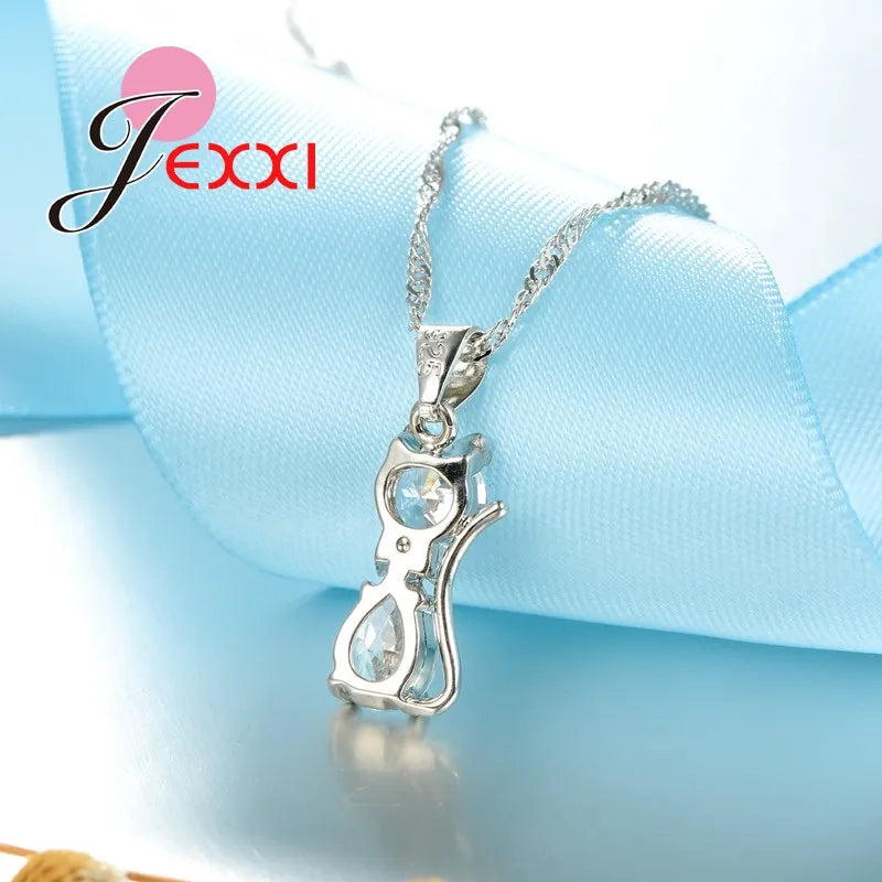 925 Sterling Silver Shiny Cubic Zirconia Cat Kitty Necklace Hoop Earrings