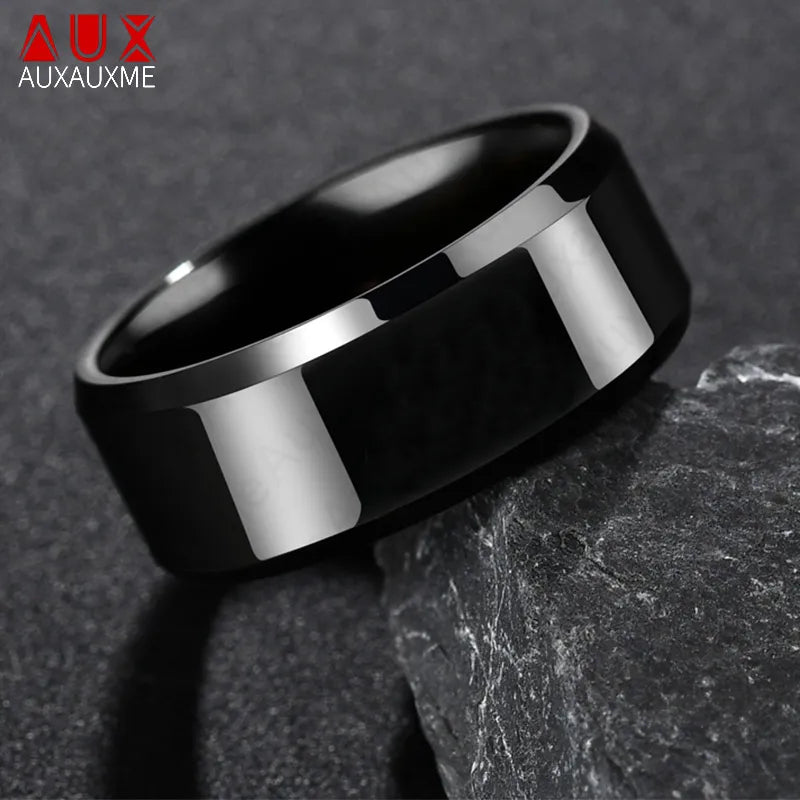 Auxauxme 8mm Black Titanium Stainless Men Ring Simple Wedding Bands Rings Gift For Male Jewelry Size 5-13