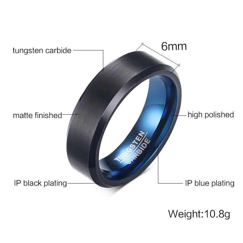 6mm 8mm Black BlueTungsten Wedding Bands Rings for Men, US Size 4 to 12