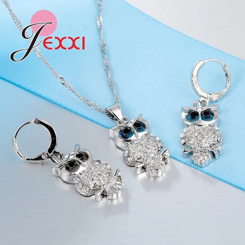 Owl Pretty Shape 925 Sterling Silver Fashion Smycken Set med AAA+ Cubic Zirconia Kvinnor Halsband &amp; örhängen &amp; hänge