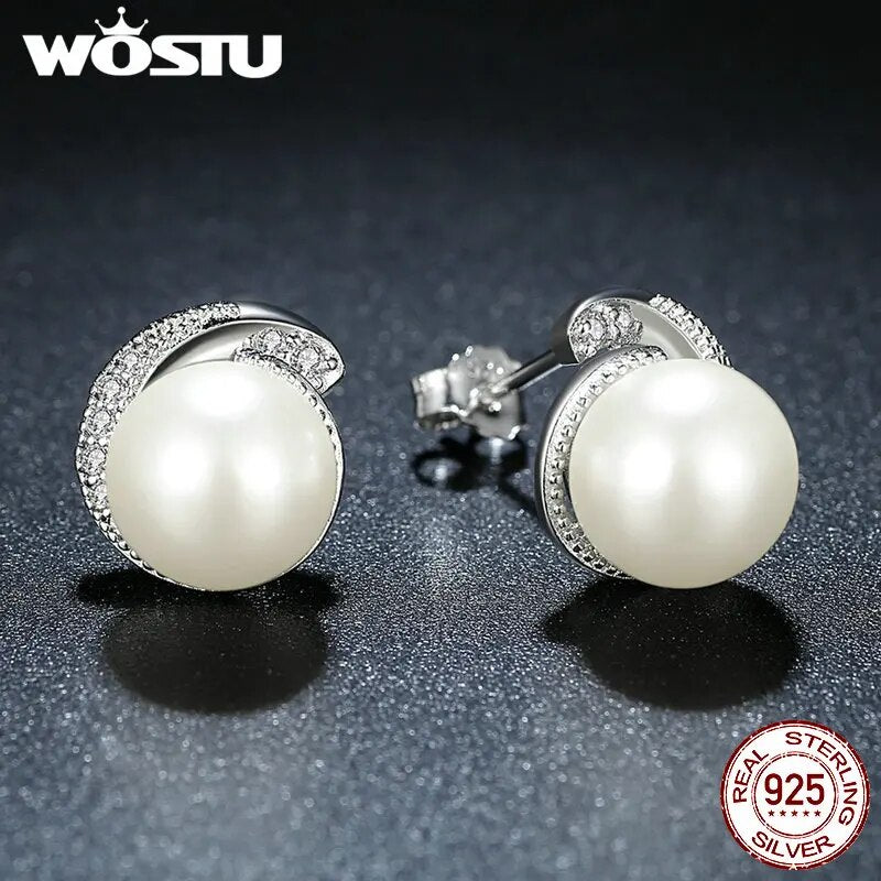 Brand 100% Authentic 925 Sterling Silver Pearl Stud Earrings With Clear CZ For Women Luxury Jewelry Gift