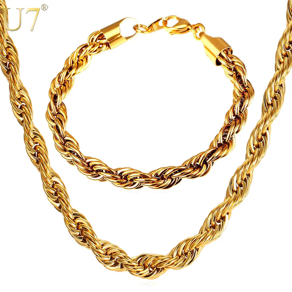 U7 Stainless Steel 9MM Twisted Rope Chain Necklace And Bracelet