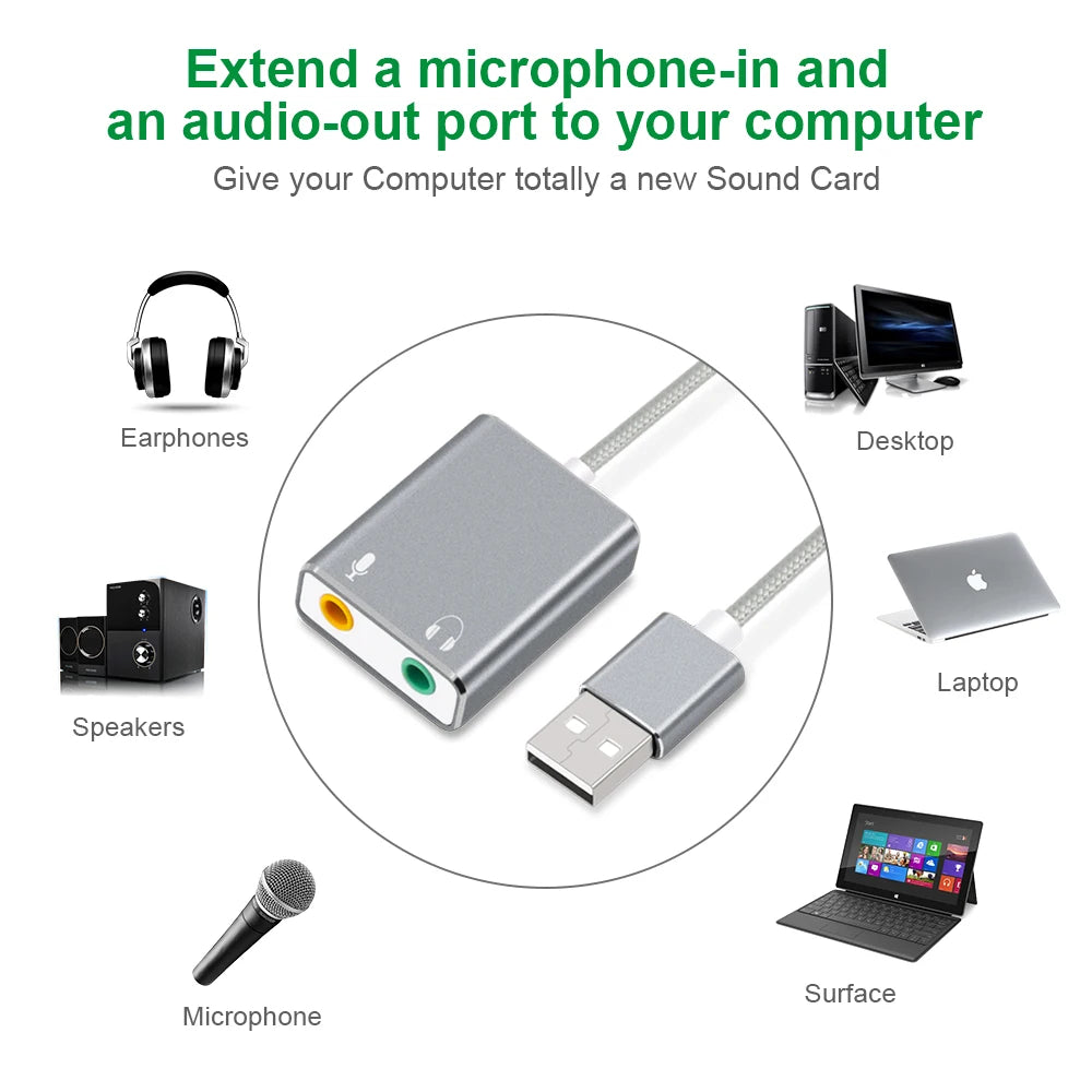 Carte son externe USB 7.1, Jack 3.5mm, adaptateur Audio, écouteurs, microphone, carte son pour Macbook, ordinateur portable, PC