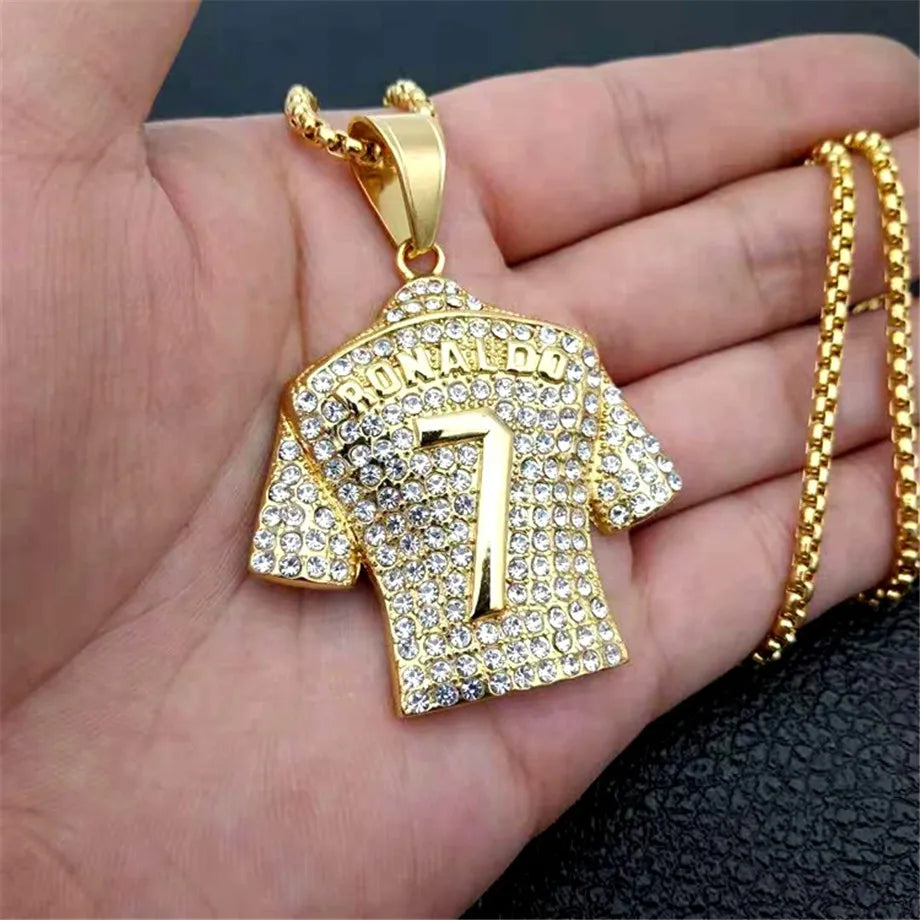 Men's Necklace Football 7 Pendant With 316L Stainless Steel Chain and Iced Out Bling Rhinestones Necklace Hip Hop Sports Jewelry