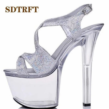 Plus:34-44 Sliver Open Toe platform sandals 15/20cm thick high-heeled female bridal Cross-tied shoes woman wedding pumps