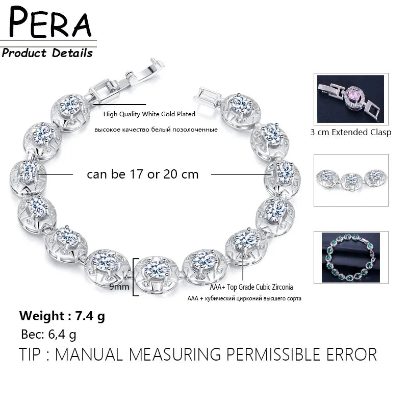 Pera High Quality Full Big Round Connected Created Green Stone Women Link Chain Bracelets Jewelry With White Gold Color