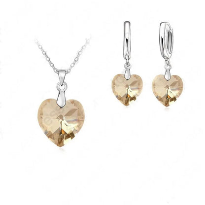 One Set  Austrian Crystal 925 Sterling Silver Jewelry Heart Pendant Necklaces Lever Back Earrings Woman Accessories