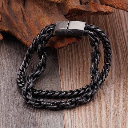 Double Chain Link Stainless Steel Men's Bracelets For Men Vintage Male Bangles Jewelry With Magnet Clasp 10 Inches Engraveable