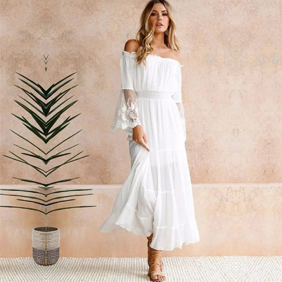 lång boho klänning vit sexig off the shoulder strand solklänning Flare långärmad skarv spets kvinnor klänningar sommar vestidos