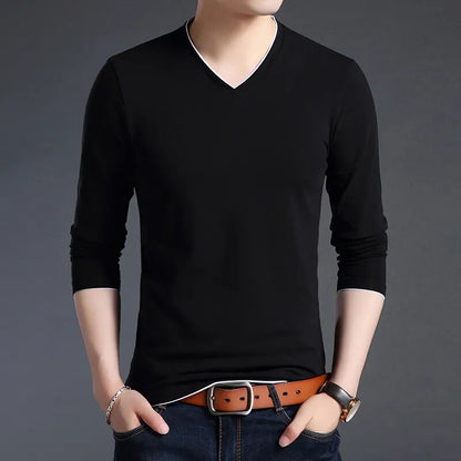 T Shirts Men V Neck Street Wear Tops Trending Mercerized Cotton Korean Long Sleeve Tee Men Clothing