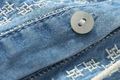 Etniska broderier Denimklänningar Kvinnor Handledsärmar O-ringad Fritidsskjortaklänning Vår Vestido Jeans Feminino