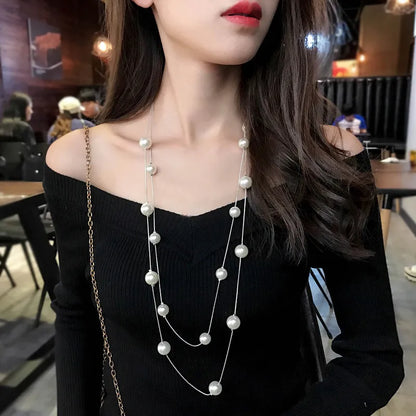 New Long Double Layer Simulated Pearl Necklace Women Sweater Chain Necklace Female Collares Statement Jewlery