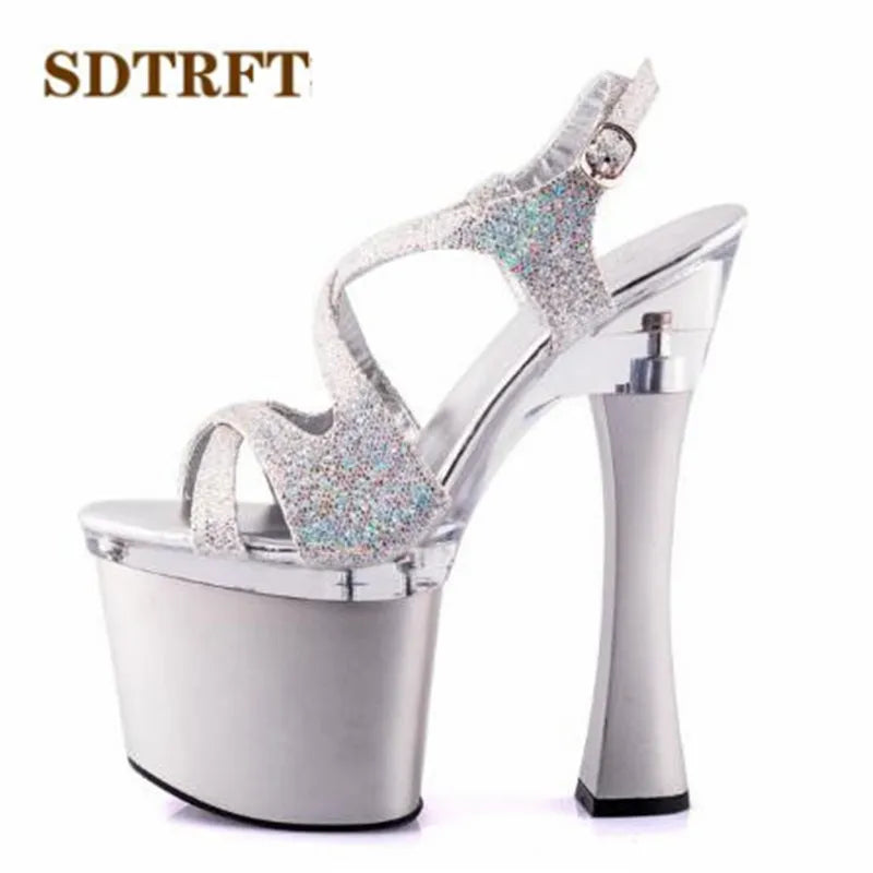 Plus:34-44 Sliver Open Toe platform sandals 15/20cm thick high-heeled female bridal Cross-tied shoes woman wedding pumps