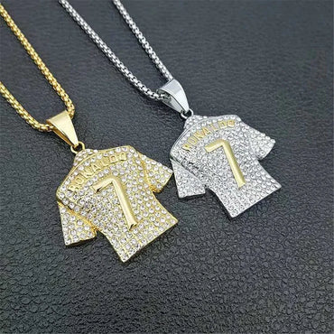 Men's Necklace Football 7 Pendant With 316L Stainless Steel Chain and Iced Out Bling Rhinestones Necklace Hip Hop Sports Jewelry