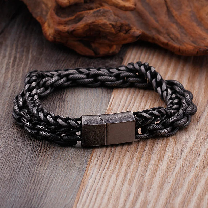 Double Chain Link Stainless Steel Men's Bracelets For Men Vintage Male Bangles Jewelry With Magnet Clasp 10 Inches Engraveable