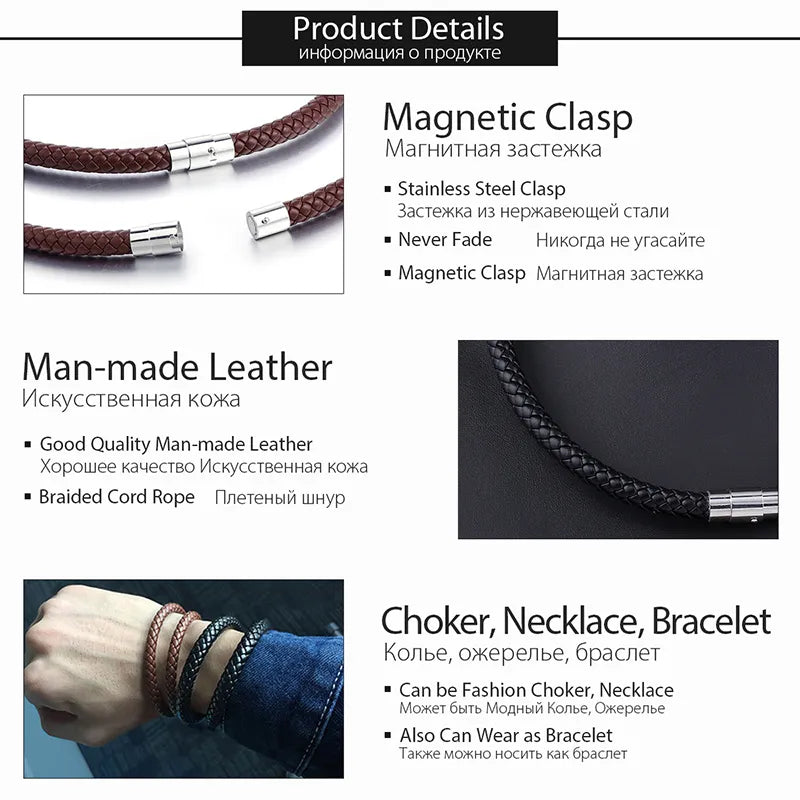 Man-made Leather Necklace Choker Black Brown Braided Rope Chain for Men