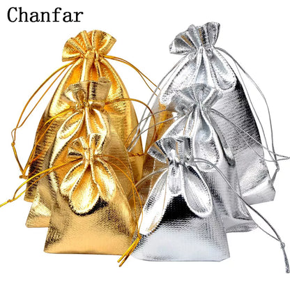 50pcs/lot 7x9 9x12 10x15cm Adjustable Jewelry Packing Fabric Bag Gold Colors Drawstring  Storage Pouches