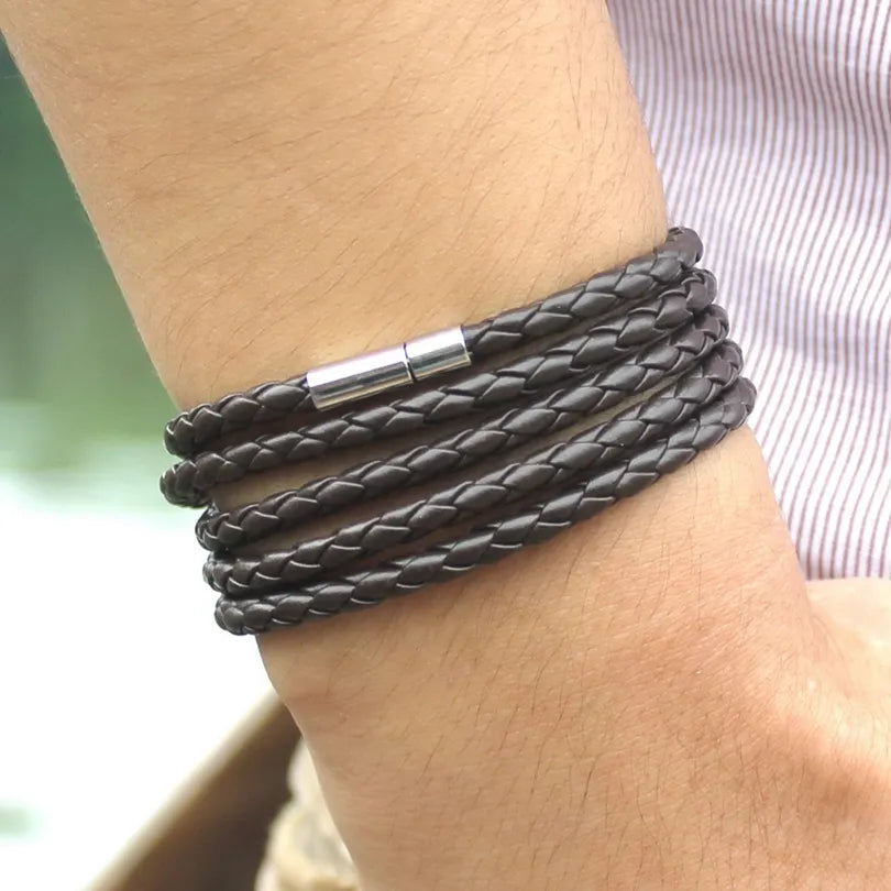 brand black retro Wrap Long leather bracelet men bangles fashion sproty Chain link male charm bracelet with 5 laps