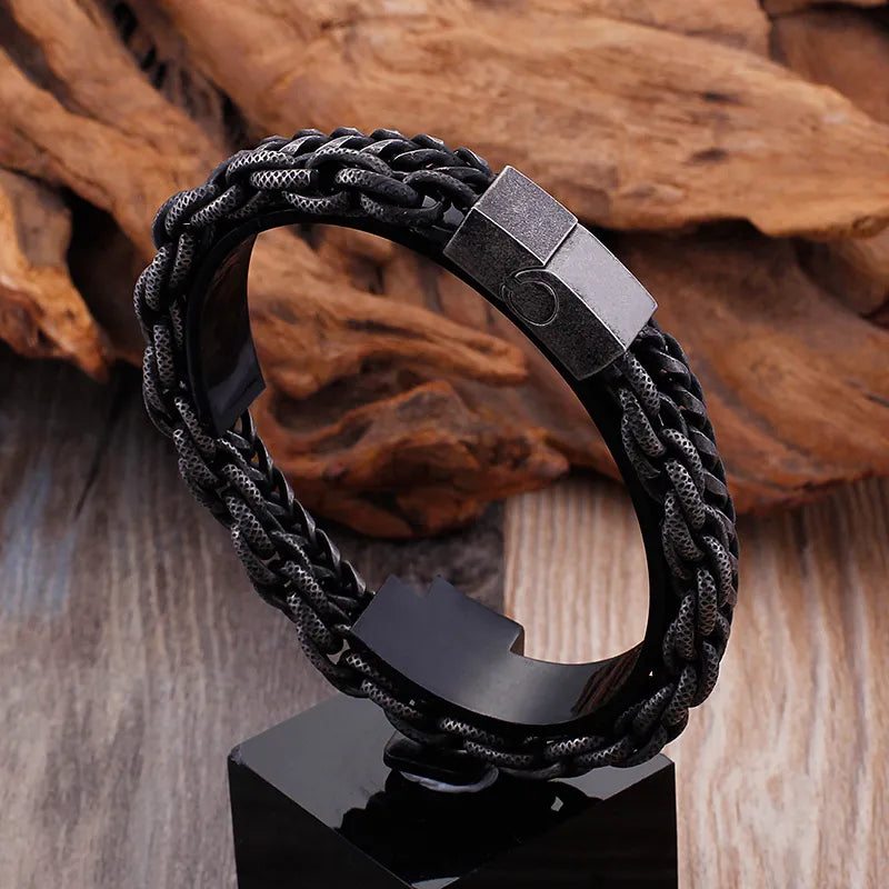 Double Chain Link Stainless Steel Men's Bracelets For Men Vintage Male Bangles Jewelry With Magnet Clasp 10 Inches Engraveable