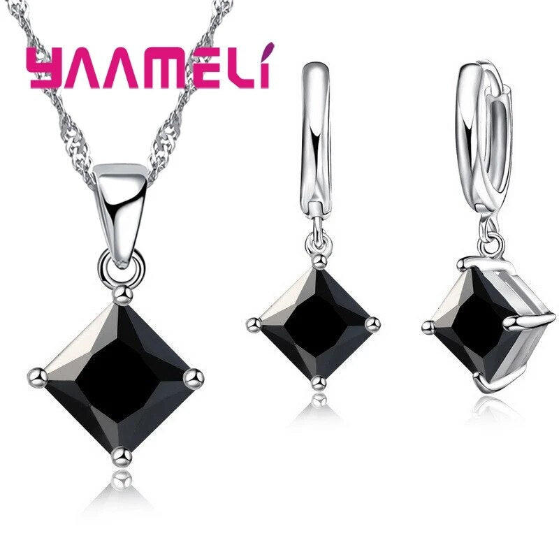 Hängen Halsband Simple Geometry Fyrkantiga örhängen Kristall 925 Sterling Silver Smycken Set