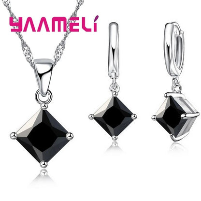 Pendants Necklace Simple Geometry Square Earrings Crystal 925 Sterling Silver Jewelry Sets