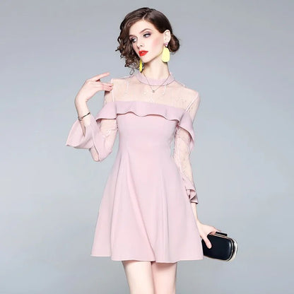 Spring and summer women's mesh splicing Ruffle Dress celebrity perspective sheath dresses butterfly sleeve cloth