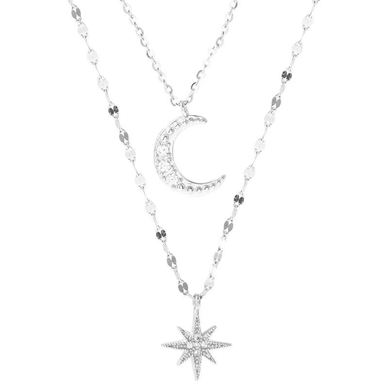 Collier Double couche en Zircon cubique pour femmes et filles, chaîne de clavicule étoile et lune, cadeau, bijoux fins, accessoires de fête de mariage