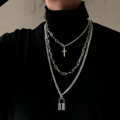 Unisex Multilayer Hip Hop Long Chain Necklace For Women Men Jewelry Gifts Key Cross Pendant Necklace Accessories