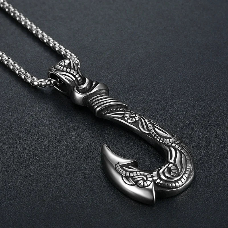 New Retro Fish Hook Shape Shape Pendant Necklace Celtic Viking Jewelry Men's Necklace Metal Sliding Pendant Accessory Party Gift