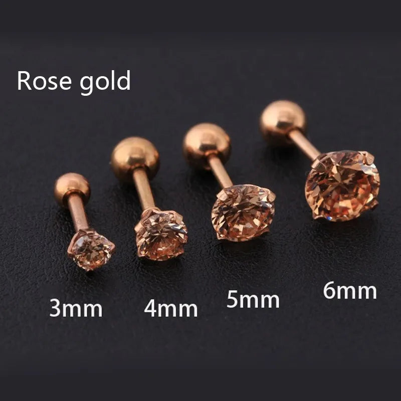 1pc/lot Size 3/4/5/6mm 4 Colors Punk Medical Stainless Titanium Steel Needle Zircon Crystal Stud Earrings