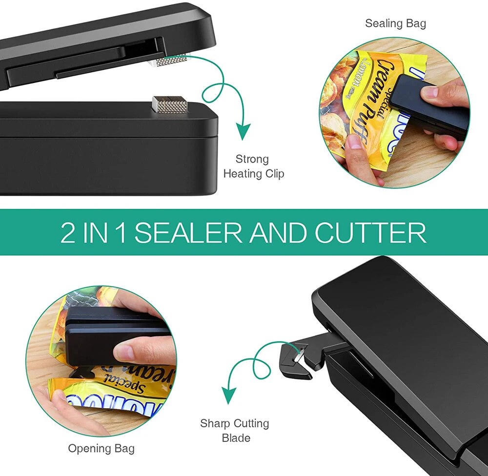 Mini Bag Sealer 2 in 1 Rechargeable Portable Bag Vacuum Heat Sealer&Cutter for Plastic Snack PVC Bags Outdoor Picnic Campaign