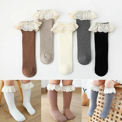 Chaussettes hautes pour bébés filles de 0 à 8 ans, chaussettes longues en coton doux en dentelle, chaussettes princesse à volants, jambières mignonnes pour filles