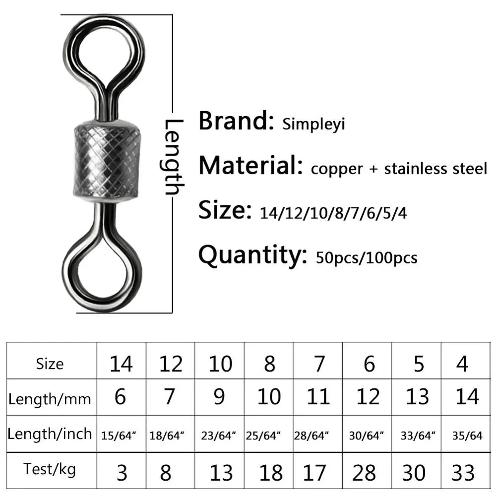 Pivot de pêche 50 à 100 pièces/boîte, tailles 4/0 #-14 #, connecteur solide, roulement à billes, pivot de pêche à pression, roulement de perles en acier inoxydable