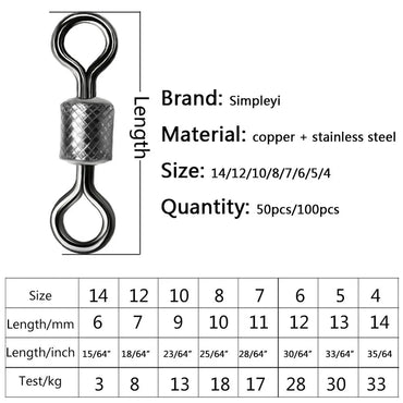 Pivot de pêche 50 à 100 pièces/boîte, tailles 4/0 #-14 #, connecteur solide, roulement à billes, pivot de pêche à pression, roulement de perles en acier inoxydable