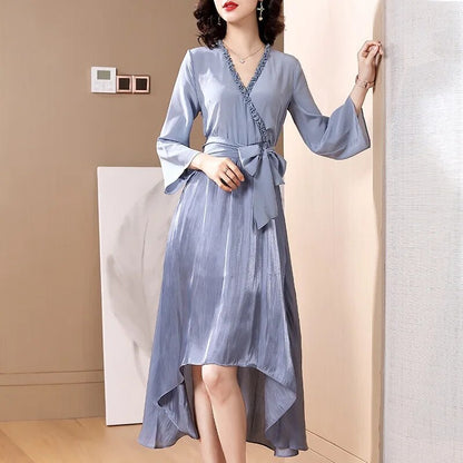 Spring and summer women's fashion V-neck nine point sleeve irregular silk silk dress