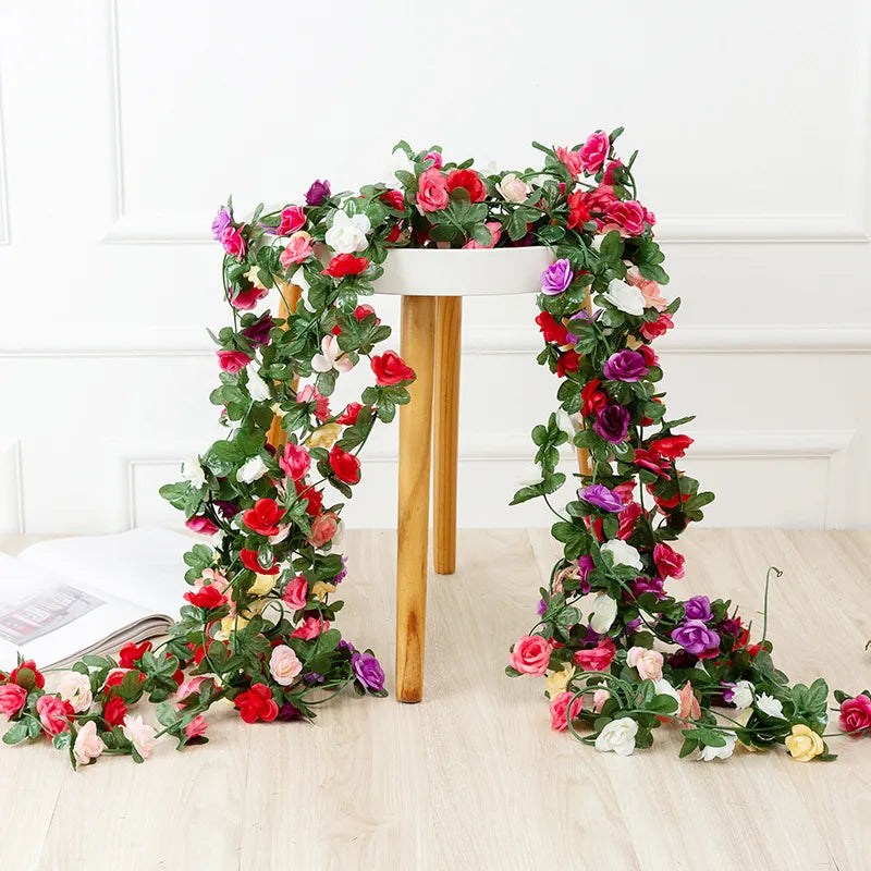 250CM Rose konstgjorda blommor krans för bröllop Hem Rum Dekoration Vår Höst Trädgård Arch DIY Fake Plant Vine