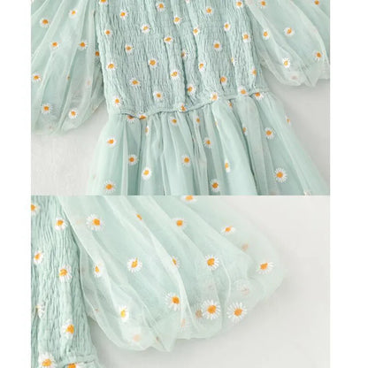 small daisies embroidery mesh dresses women sexy off the shoulder french vintage party ruffle dresses elegant vestidos