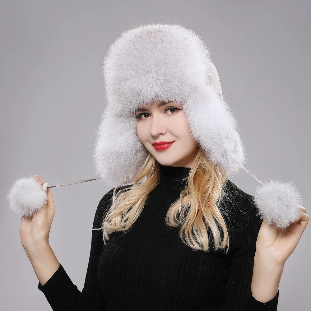 100% Real Fox Fur Hats Women's Russian Ushanka Aviator Trapper Snow Skiing Hat Caps Earflap Winter Raccoon Fur Bomber Hat