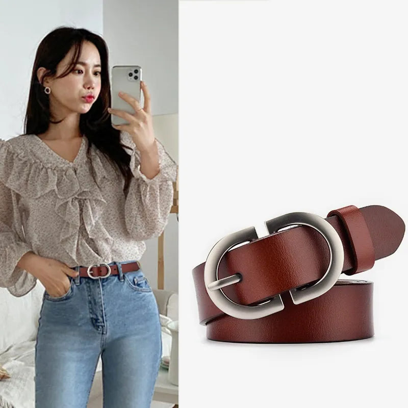 Women's Belt Genuine Leather ladies fashion metal round buckle belt jeans wild luxury brand belts for women