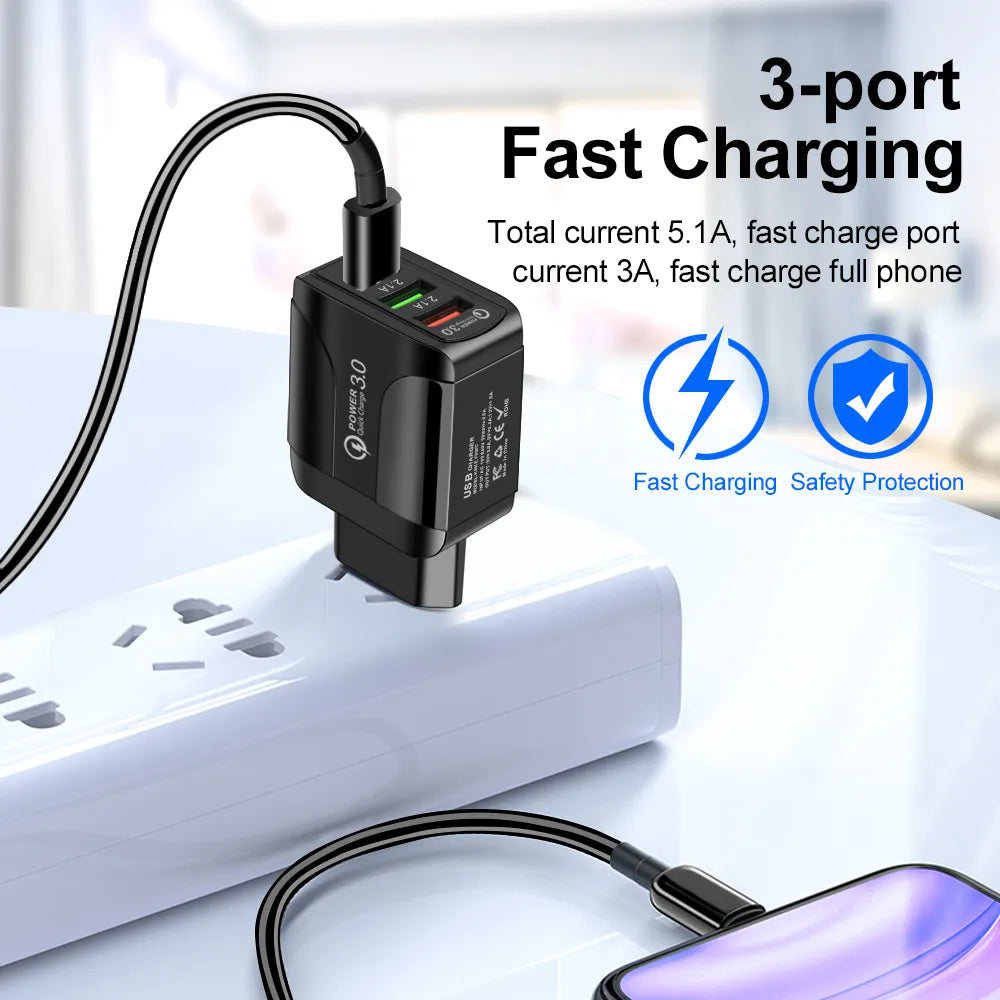 AIXXCO 5V 2A EU Plug LED Light 2 USB Adapter Mobile Phone Wall PD Charger Device Quick Charge QC 3.0 Mobile Charger Fast Charger