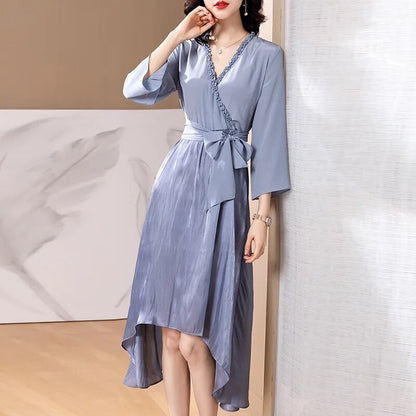 Spring and summer women's fashion V-neck nine point sleeve irregular silk silk dress